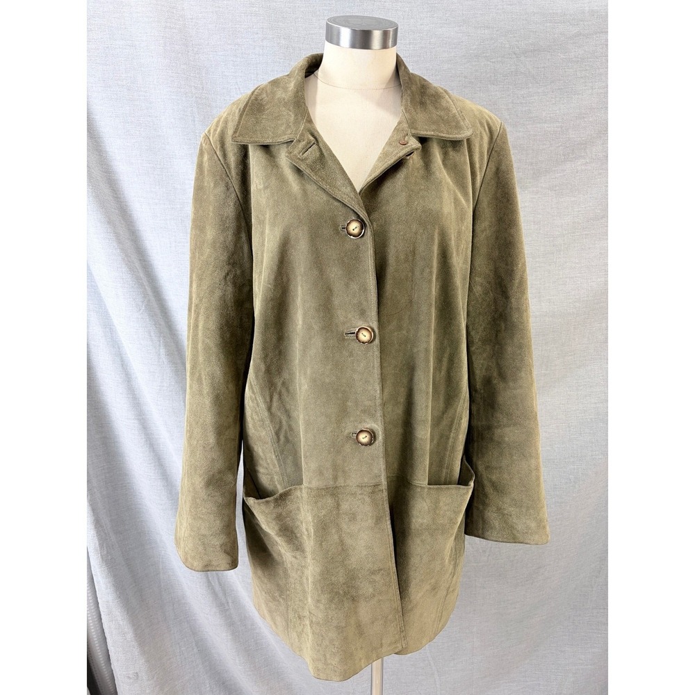 J. Jill Suede Leather Car Coat Olive Green 100% Calfsuede Satin Lined M
